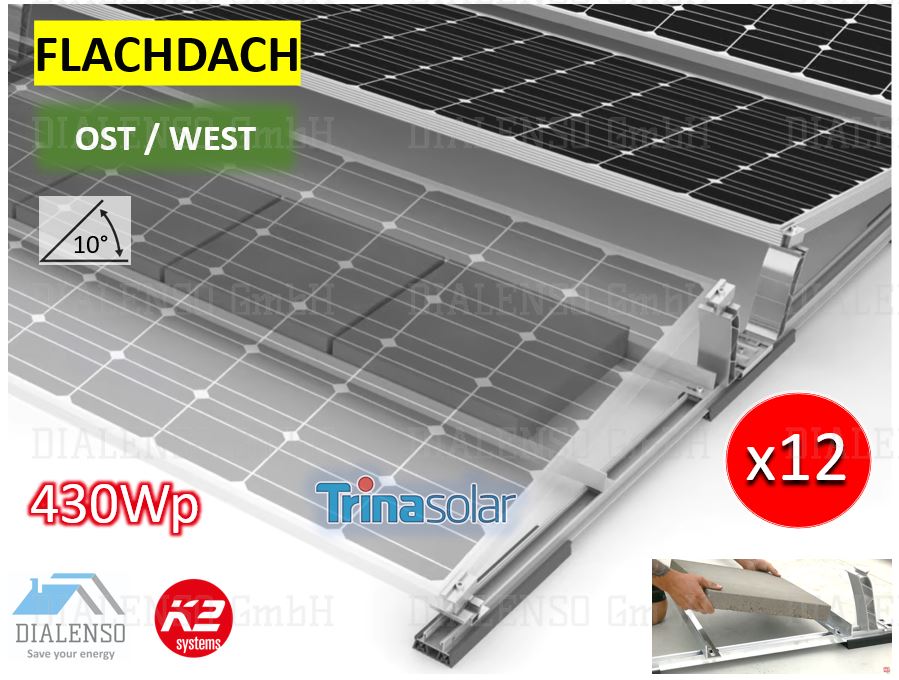 (12x) Flachdach OST/WEST K2 Systems (10°) Huawei 5,2kWp Komplettset