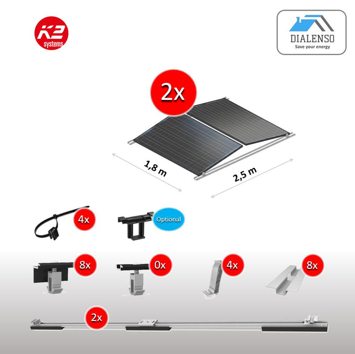 K2 D-Dome 6.10 Montagesystem für 2 Solarmodule in Ost-West-Ausrichtung auf einem Flachdach, inklusive Lieferumfang.