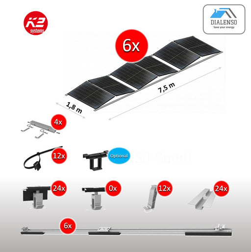 K2 D-Dome 6.10 Montagesystem für 6 Solarmodule auf einem Flachdach mit Ost-West-Ausrichtung, inklusive aller Bauteile – Dialenso GmbH