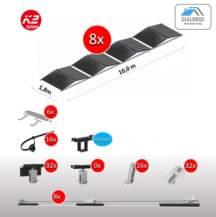 K2 D-Dome 6.10 Montagesystem für 8 Solarmodule auf einem Flachdach mit Ost-West-Ausrichtung, inklusive aller Bauteile für eine 8er-Reihe – Dialenso GmbH