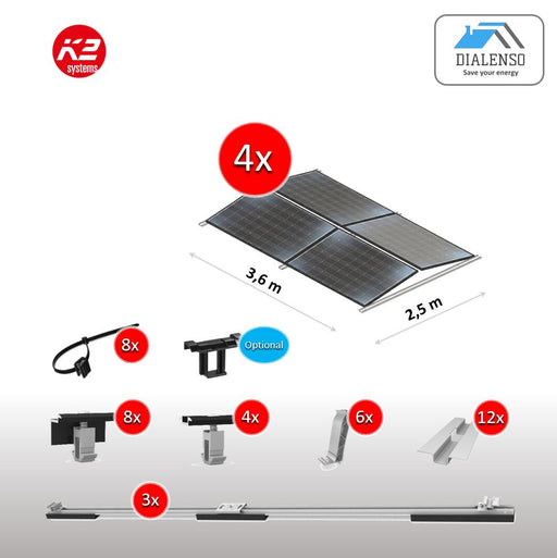 K2 D-Dome 6.10 Montagesystem für 4 Solarmodule in Ost-West-Ausrichtung auf einem Flachdach, inklusive Lieferumfang.