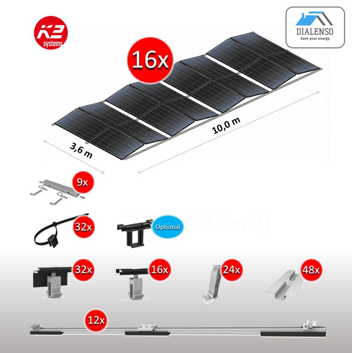 K2 D-Dome 6.10 Montageset für 16 Module (Ost-West) | Flachdach