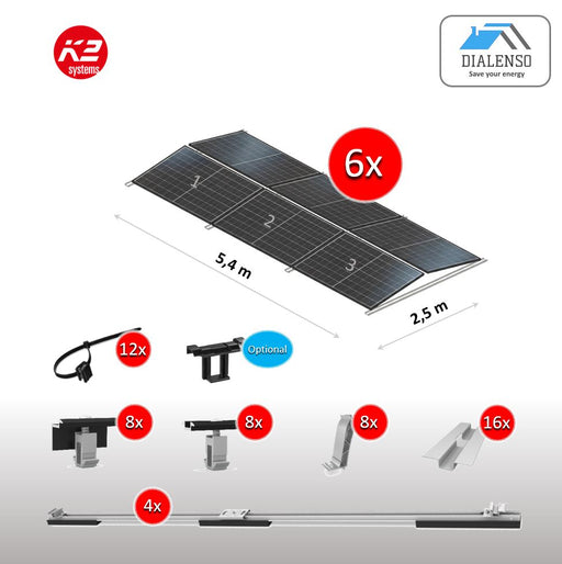 K2 D-Dome 6.10 Montagesystem für 6 Solarmodule in Ost-West-Ausrichtung auf einem Flachdach, inklusive Lieferumfang.