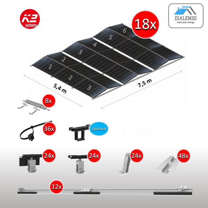 K2 D-Dome 6.10 Montagesystem für 18 Solarmodule auf einem Flachdach mit Ost-West-Ausrichtung, inklusive aller Bauteile – Dialenso GmbH