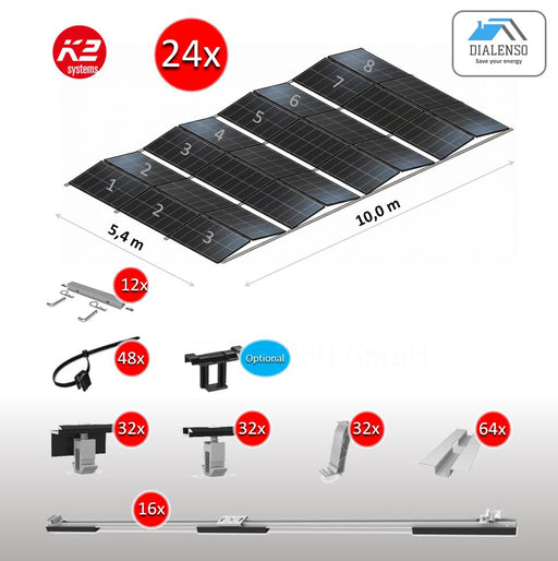 K2 D-Dome 6.10 Montagesystem für 24 Solarmodule auf einem Flachdach mit Ost-West-Ausrichtung, inklusive aller Bauteile für eine 8er-Reihe – Dialenso GmbH