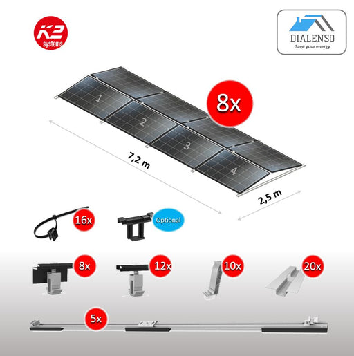 K2 D-Dome 6.10 Montagesystem für 8 Solarmodule in Ost-West-Ausrichtung auf einem Flachdach, inklusive Lieferumfang