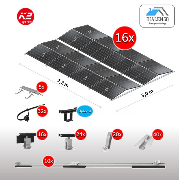 K2 D-Dome 6.10 Montagesystem für 16 Solarmodule auf einem Flachdach mit Ost-West-Ausrichtung, inklusive aller Bauteile – Dialenso GmbH