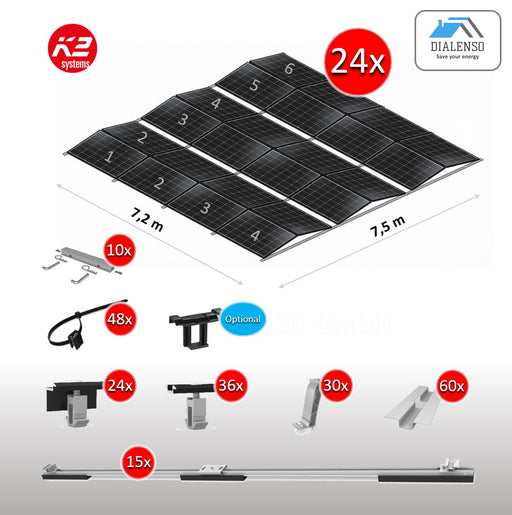 K2 D-Dome 6.10 Montagesystem für 24 Solarmodule auf einem Flachdach mit Ost-West-Ausrichtung, inklusive aller Bauteile – Dialenso GmbH