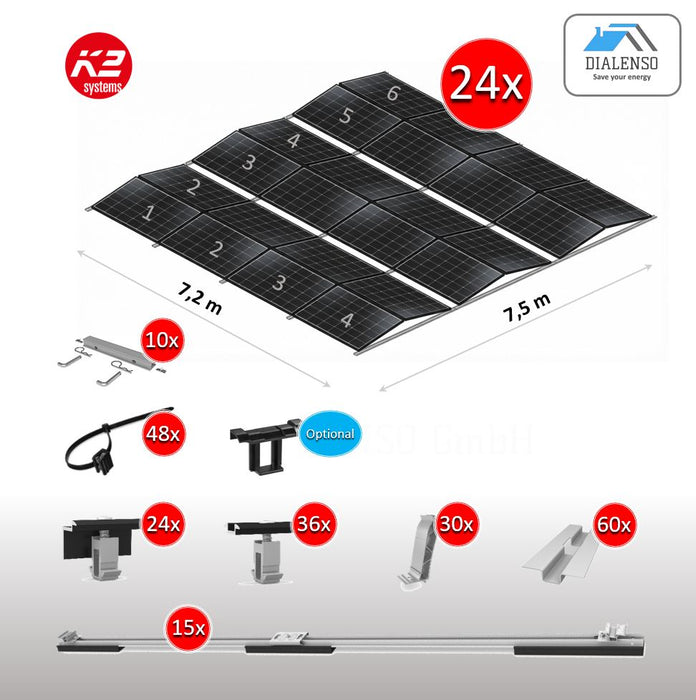 K2 D-Dome 6.10 Montagesystem für 24 Solarmodule auf einem Flachdach mit Ost-West-Ausrichtung, inklusive aller Bauteile – Dialenso GmbH