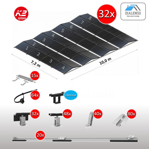 K2 D-Dome 6.10 Montagesystem für 32 Solarmodule auf einem Flachdach mit Ost-West-Ausrichtung, inklusive aller Bauteile für eine 8er-Reihe – Dialenso GmbH
