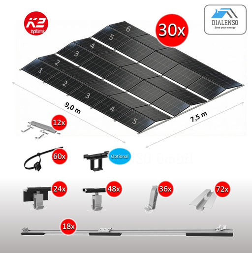 K2 D-Dome 6.10 Montagesystem für 30 Solarmodule auf einem Flachdach mit Ost-West-Ausrichtung, inklusive aller Bauteile – Dialenso GmbH