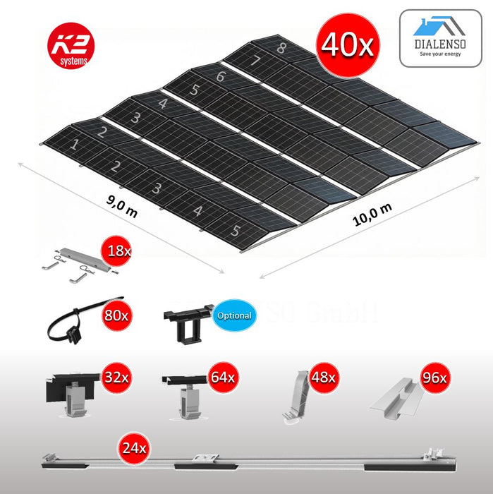K2 D-Dome 6.10 Montagesystem für 40 Solarmodule auf einem Flachdach mit Ost-West-Ausrichtung, inklusive aller Bauteile für eine 8er-Reihe – Dialenso GmbH