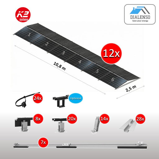 K2 D-Dome 6.10 Montagesystem für 12 Solarmodule in Ost-West-Ausrichtung auf einem Flachdach, inklusive Lieferumfang