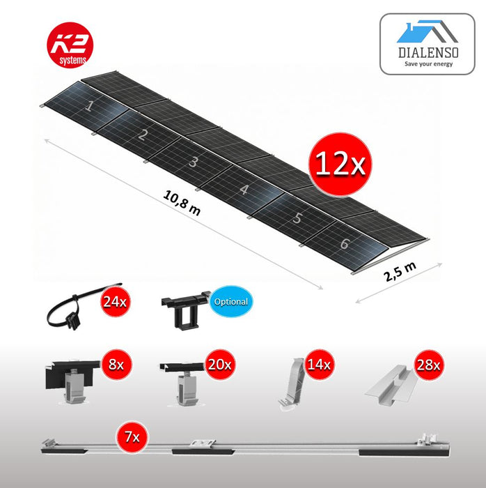 K2 D-Dome 6.10 Montagesystem für 12 Solarmodule in Ost-West-Ausrichtung auf einem Flachdach, inklusive Lieferumfang