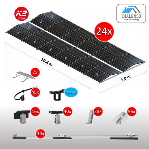 K2 D-Dome 6.10 Montagesystem für 24 Solarmodule auf einem Flachdach mit Ost-West-Ausrichtung, inklusive aller Bauteile – Dialenso GmbH