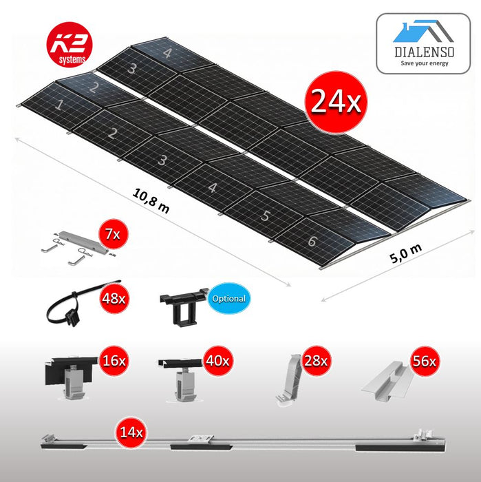 K2 D-Dome 6.10 Montagesystem für 24 Solarmodule auf einem Flachdach mit Ost-West-Ausrichtung, inklusive aller Bauteile – Dialenso GmbH