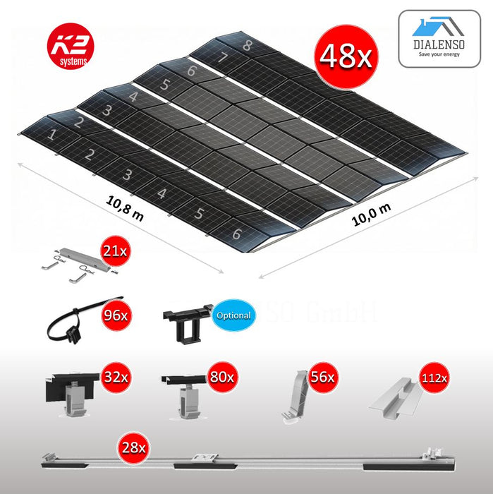 K2 D-Dome 6.10 Montagesystem für 48 Solarmodule auf einem Flachdach mit Ost-West-Ausrichtung, inklusive aller Bauteile für eine 8er-Reihe – Dialenso GmbH