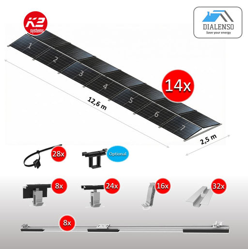 K2 D-Dome 6.10 Montagesystem für 14 Solarmodule in Ost-West-Ausrichtung auf einem Flachdach, inklusive Lieferumfang