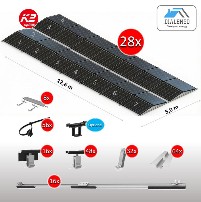 K2 D-Dome 6.10 Montagesystem für 28 Solarmodule auf einem Flachdach mit Ost-West-Ausrichtung, inklusive aller Bauteile – Dialenso GmbH