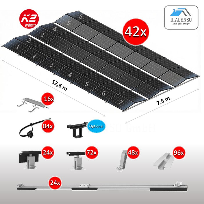 K2 D-Dome 6.10 Montagesystem für 42 Solarmodule auf einem Flachdach mit Ost-West-Ausrichtung, inklusive aller Bauteile – Dialenso GmbH