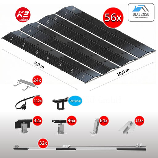 K2 D-Dome 6.10 Montagesystem für 56 Solarmodule auf einem Flachdach mit Ost-West-Ausrichtung, inklusive aller Bauteile für eine 8er-Reihe – Dialenso GmbH